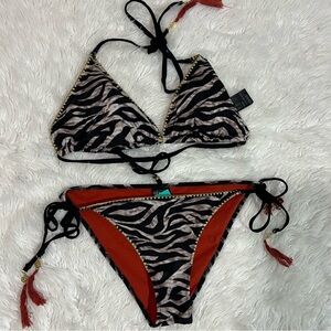 H&M Zebra Animal Print Bikini Set Tie Side Swim Size 10 / 14
